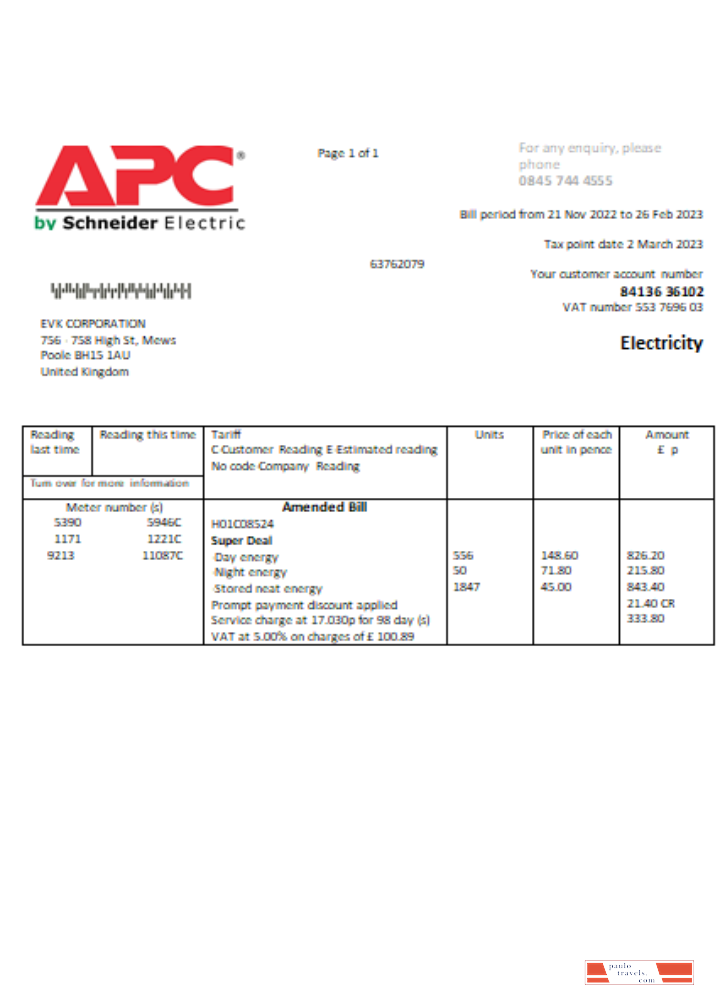 APC electricity utility business bill,  SCR PSD template